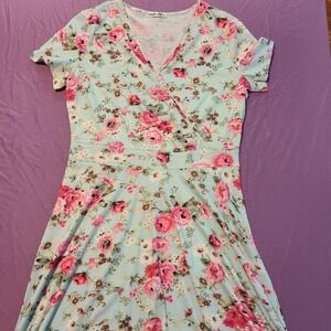 MSBASIC Womens XL‎ Light Blue Floral Faux Wrap Dress Short Sleeve A-Line Jersey